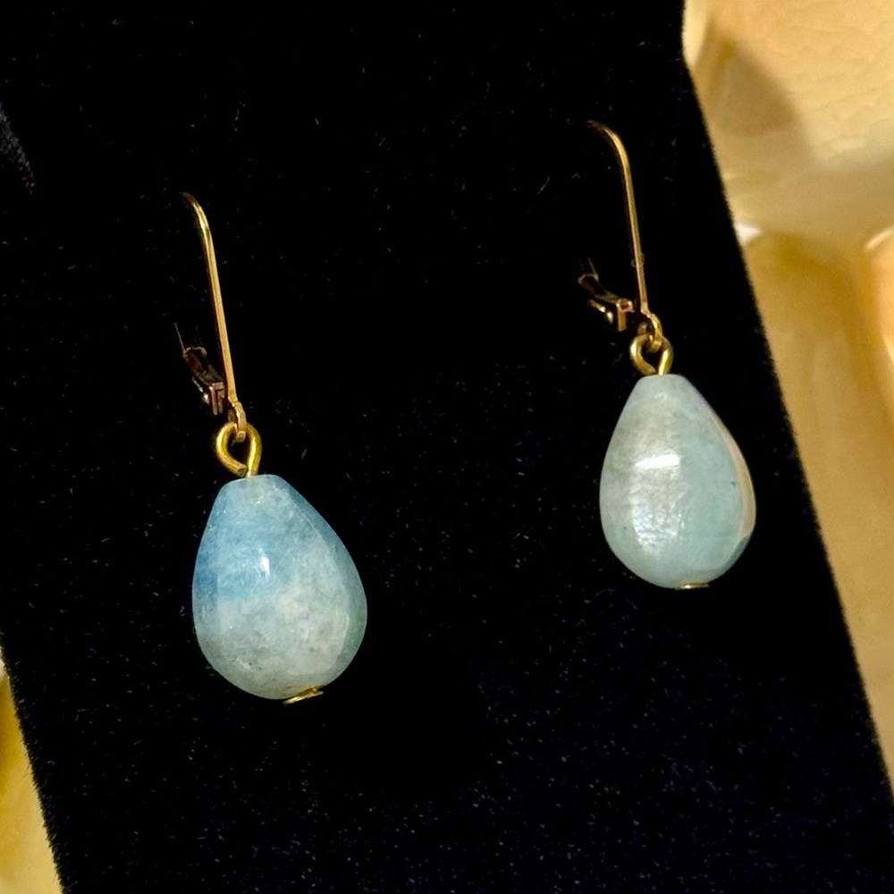 Blue Chalcedony and Gold Leaver Back Drop Dangle Earrings Natural Stones - Picture 2 of 7